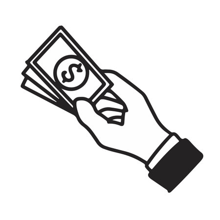 Cash Bundle in Hand vector illustration. Doodle drawing cartoon black and white. Dollar money related to finance, transactions, wealth, and economic mattersのイラスト素材