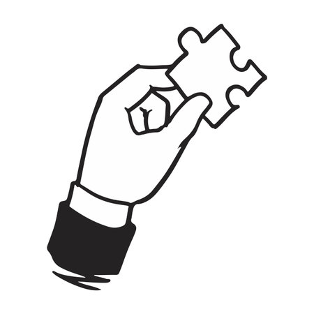 Hand Holding Jigsaw Puzzle Piece. Conceptual Illustration. hand holding a single jigsaw puzzle piece. Symbolizes finding solutions.のイラスト素材