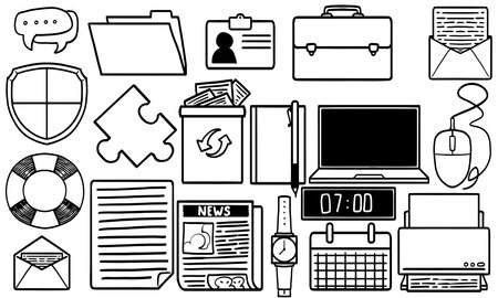 Office doodle stationery drawing set. Vector illustration many objects. Black and white hand drawn business symbols.のイラスト素材
