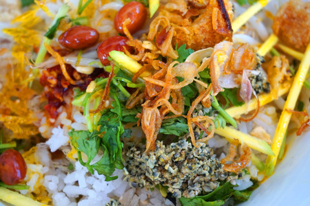 Com Hen - Delicious rice with coconut milk dried fish peanut onion mussel mango herb chillies ...