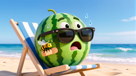 A humorous 3D rendered watermelon character with a shocked expression sits in a striped beach chair. It wears sunglasses and a bee sticker, sweating under the bright summer sun.の素材
