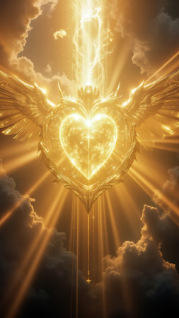 A luminous golden heart shape emanates powerful divine light rays, piercing through soft, ethereal clouds. The scene evokes feelings of hope, spirituality, and celestial beauty.の素材