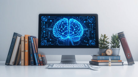 A computer monitor displays a vibrant blue, illuminated brain graphic with intricate connections. Books and potted plants are arranged around the setup.の素材