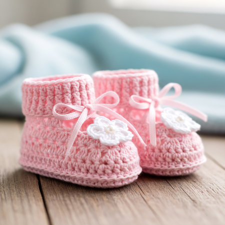 A pair of soft pink crocheted baby booties sits on a wooden surface. Each bootie features a small white floral embellishment and a satin ribbon tied in a bow.の素材