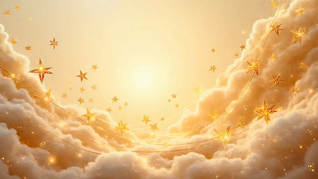 A dreamlike sky filled with soft, golden clouds. Numerous tiny, ethereal figures and sparkling lights drift through the luminous atmosphere, creating a magical and serene scene.の素材