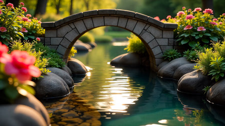 A picturesque stone arch bridge spans a clear, flowing stream. Lush green foliage and vibrant pink flowers create a peaceful, idyllic garden scene with sunlight dappling the water.の素材
