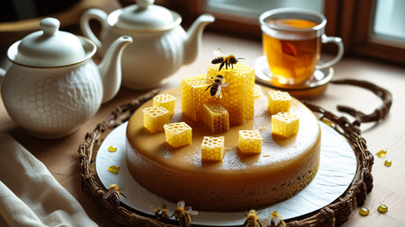 A beautifully decorated honey cake sits on a rustic platter, topped with honeycomb pieces and a small bee figurine. Two teapots and a mug of tea complete this sweet.の素材