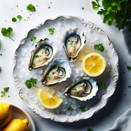 A top-down view of a decorative platter filled with freshly shucked oysters on a bed of crushed ice. Lemon wedges and fresh parsley sprigs are artfully arranged around the seafood.の素材