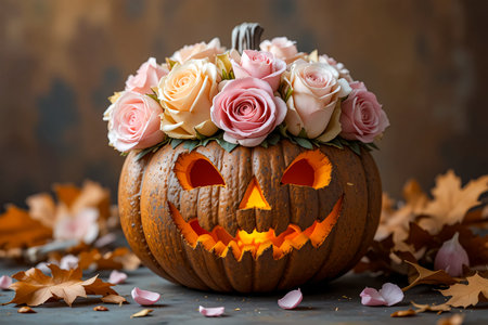 A spooky yet elegant carved pumpkin glows with an internal light. Its top is beautifully decorated with a lush arrangement of soft pink and cream roses.の素材
