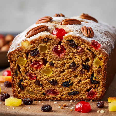 A rich and festive fruitcake is sliced, revealing a dense interior packed with colorful candied fruits, plump raisins, and crunchy pecans, dusted with powdered sugar.の素材