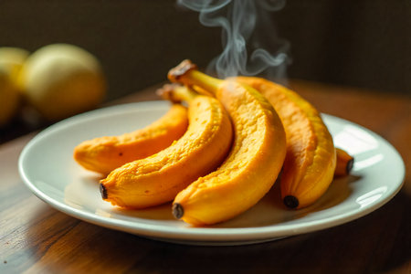 A close-up shot of a bunch of ripe yellow bananas on a white plate. Wisps of steam rise from the warm fruit, suggesting they have been recently cooked or prepared.の素材