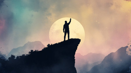 A solitary figure stands silhouetted atop a rugged mountain cliff, arm raised in victory. The backdrop features a large, glowing sun and ethereal clouds, creating a powerful scene.の素材