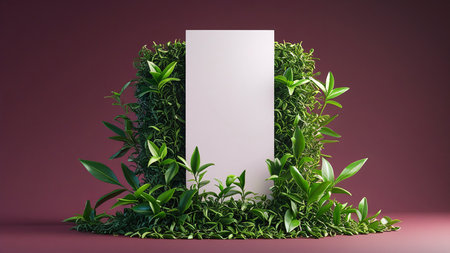 A minimalist white rectangular display stand is enveloped by vibrant green foliage and leaves. The scene is set against a rich, deep purple backdrop, creating a sophisticated.の素材