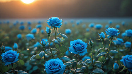 A breathtaking field of vibrant blue roses is bathed in the soft, warm glow of a rising sun. Gentle mist hangs in the air, creating a dreamlike and serene atmosphere.の素材