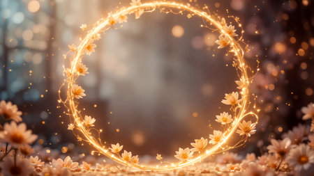 A radiant circular portal adorned with delicate blossoms and glowing embers, set within a dreamlike woodland scene, evokes wonder and magic.の素材