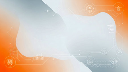 An abstract composition featuring a smooth, flowing gradient of bright orange and cool silver hues. Delicate digital elements and a fine speckled texture add depth.の素材