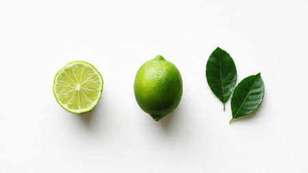 A single whole lime and a half-cut lime sit next to two vibrant green leaves on a stark white surface, creating a fresh and minimalist composition.の素材