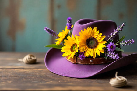 A striking purple cowboy hat is decorated with bright yellow sunflowers and delicate lavender sprigs. The hat rests on a weathered wooden table, creating a charming rustic.の素材