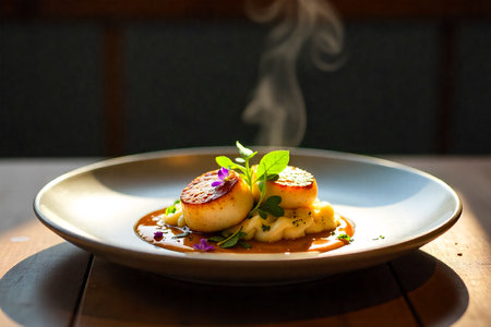 A close-up shot of perfectly seared scallops, emitting steam, presented on a bed of creamy mashed potatoes. Garnished with fresh herbs and a rich sauce, it's a culinary delight.の素材