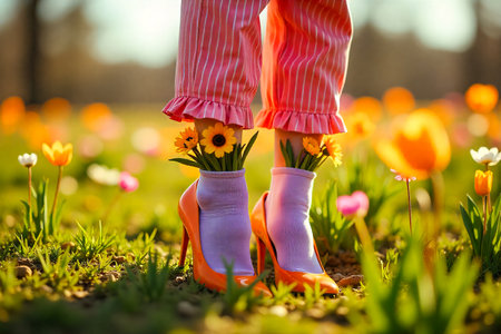 A close-up shot of a person's legs and feet adorned with orange heels and lavender socks. Flowers are playfully tucked into the shoes, set against a backdrop of a sun-drenched.の素材