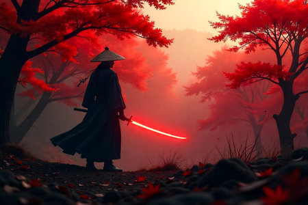 A solitary samurai warrior in a dark robe and conical hat stands amidst a vibrant, red-hued forest. The warrior wields a glowing red sword, illuminating the misty.の素材