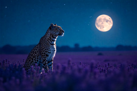 A powerful leopard sits alertly in a field of purple flowers, bathed in the soft glow of a bright full moon under a deep blue, starry night sky.の素材