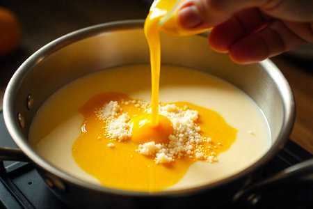 Close-up shot of a hand holding a spoon, pouring bright yellow egg yolks and finely grated cheese into a smooth, creamy sauce simmering in a stainless steel pot.の素材
