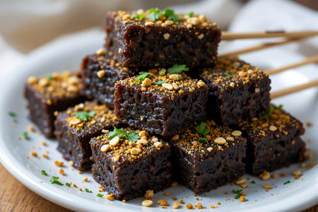 A close-up shot of rich, dark chocolate brownie bites stacked on a white plate. Each bite is generously sprinkled with a golden crumble and flecks of fresh green herbs.の素材
