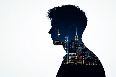 A striking double exposure image features the silhouette of a man's profile overlaid with a detailed nighttime cityscape. The city lights create a dynamic and artistic effect.の素材