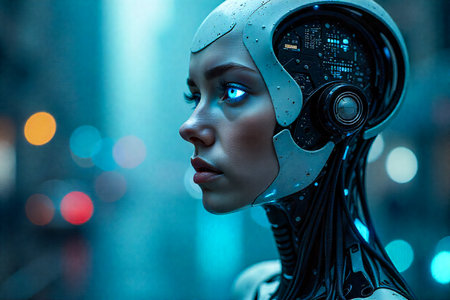 A detailed portrait of a female cyborg's head and neck, showcasing advanced technology and a thoughtful expression against a blurred urban background with bokeh lights.の素材