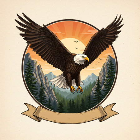 A bald eagle with outstretched wings dominates a circular emblem. Behind it, a vibrant sunset illuminates a mountainous forest scene, with a blank banner below.の素材
