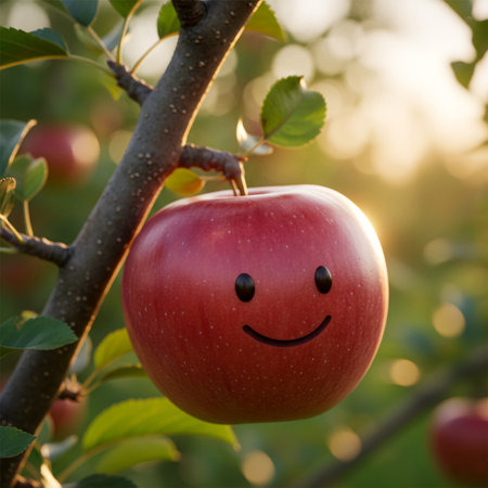 A vibrant red apple with a drawn smiley face is suspended from a tree. Lush green leaves and warm sunlight create a cheerful, natural backdrop for this delightful fruit.の素材