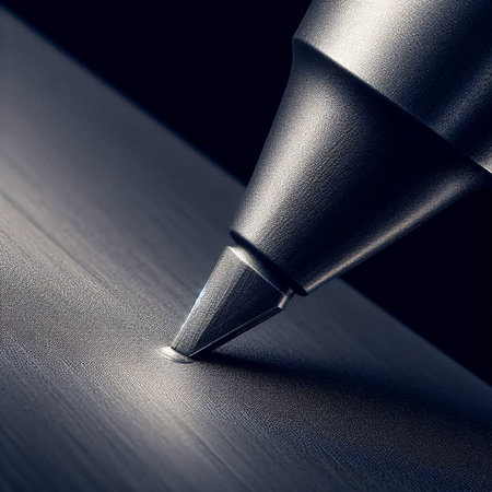 A detailed macro shot shows a black marker pen tip creating a sparkling, textured line across a dark, matte surface. The lighting highlights the fine particles.の素材