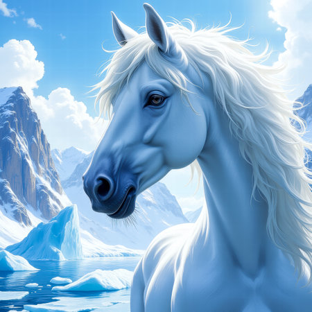 A stunning white horse with a flowing mane stands proudly against a backdrop of icy mountains and a bright blue sky. The scene evokes a sense of wild beauty and untamed spirit.の素材
