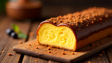A close-up shot of a golden brioche loaf, generously coated in rich chocolate glaze and sprinkled with chopped nuts. It sits on a textured wooden cutting board.の素材