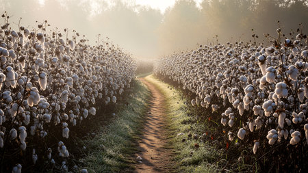 A narrow dirt path winds through a dense field of blooming purple flowers. Soft morning mist hangs in the air, with sunlight filtering through the foliage, creating a serene.の素材