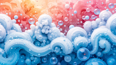An abstract, dreamlike scene with swirling textures of blue and white resembling waves or clouds, interspersed with translucent bubbles and a vibrant, warm-toned background.の素材