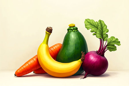 A colorful still life featuring a bright yellow banana, two vibrant orange carrots, a deep green zucchini, and a rich purple beet with leafy greens, all artfully composed.の素材