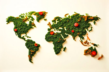 A creative world map is meticulously assembled using an assortment of vibrant green vegetables and scattered red fruits, showcasing a unique and edible representation.の素材