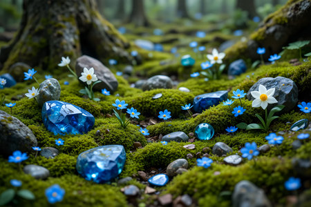 A magical forest floor carpeted in vibrant green moss, scattered with large, glowing blue gemstones and small white wildflowers. Sunlight filters through the trees.の素材