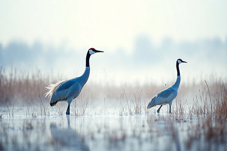 Two majestic cranes are captured in a serene wetland environment. The soft morning mist and diffused light create a tranquil and ethereal atmosphere, highlighting the birds.の素材