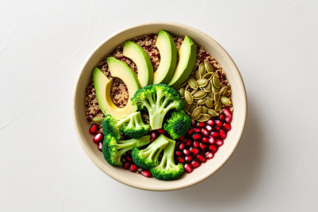 A top down view of a delicious and nutritious grain bowl featuring creamy avocado slices, fresh broccoli florets, and juicy pomegranate seeds, all served in a light colored bowl.の素材