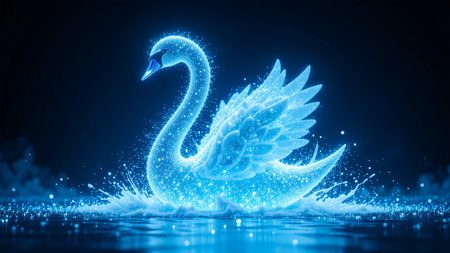A majestic swan formed from glowing blue particles emerges from a splash of water. The dark background enhances the radiant, ethereal glow of the digital artwork.の素材
