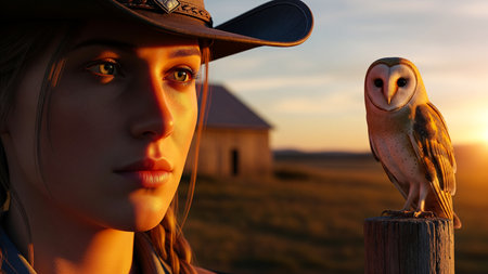 A young woman wearing a cowboy hat looks thoughtfully into the distance. A barn owl perches on a post nearby, silhouetted against a warm, golden sunset with a rustic building.の素材