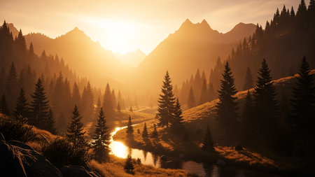 A breathtaking vista captures the warm glow of sunset in a majestic mountain landscape. A river meanders through a valley, reflecting the sky, while tall evergreen trees dot.の素材