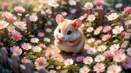 A small, light brown hamster with large dark eyes is nestled in a sun-dappled meadow. It is surrounded by numerous delicate pink and white flowers, creating a serene.の素材