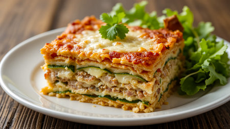 A hearty slice of lasagna, showcasing layers of pasta, rich meat sauce, and melted cheese, is served with a side of vibrant green salad on a rustic wooden table.の素材