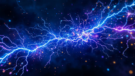 A powerful celestial event unfolds as electric blue and purple lightning bolts crackle and branch across a deep space background filled with shimmering particles.の素材