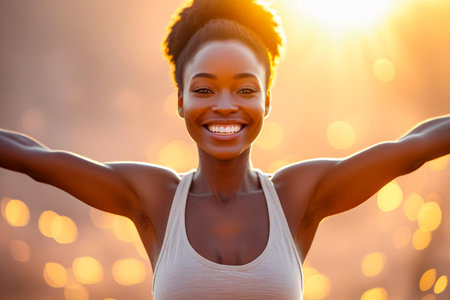 A radiant Black woman with a wide smile and arms outstretched, bathed in the warm glow of golden hour sunlight. Her joyful expression and open posture convey a sense of freedom.の素材