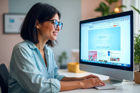A woman with dark hair and glasses smiles while typing on a keyboard in front of a computer. She is seated at a desk in a well-lit home office environment.の素材
